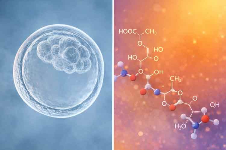 EmbryoGlue hyaluronic acid enriched transfer medium for IVF showing embryo and molecular structure for improved implantation success