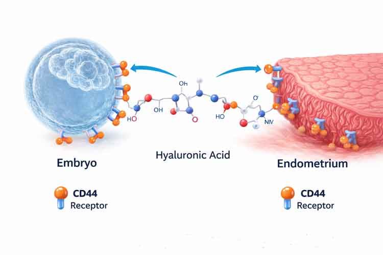 Diagram of EmbryoGlue mechanism showing CD44 receptors on embryo and endometrium binding through hyaluronic acid bridge to facilitate IVF implantation