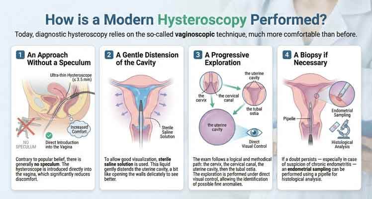 Diagram showing the procedure of a diagnostic hysteroscopy via vaginoscopic approach without speculum