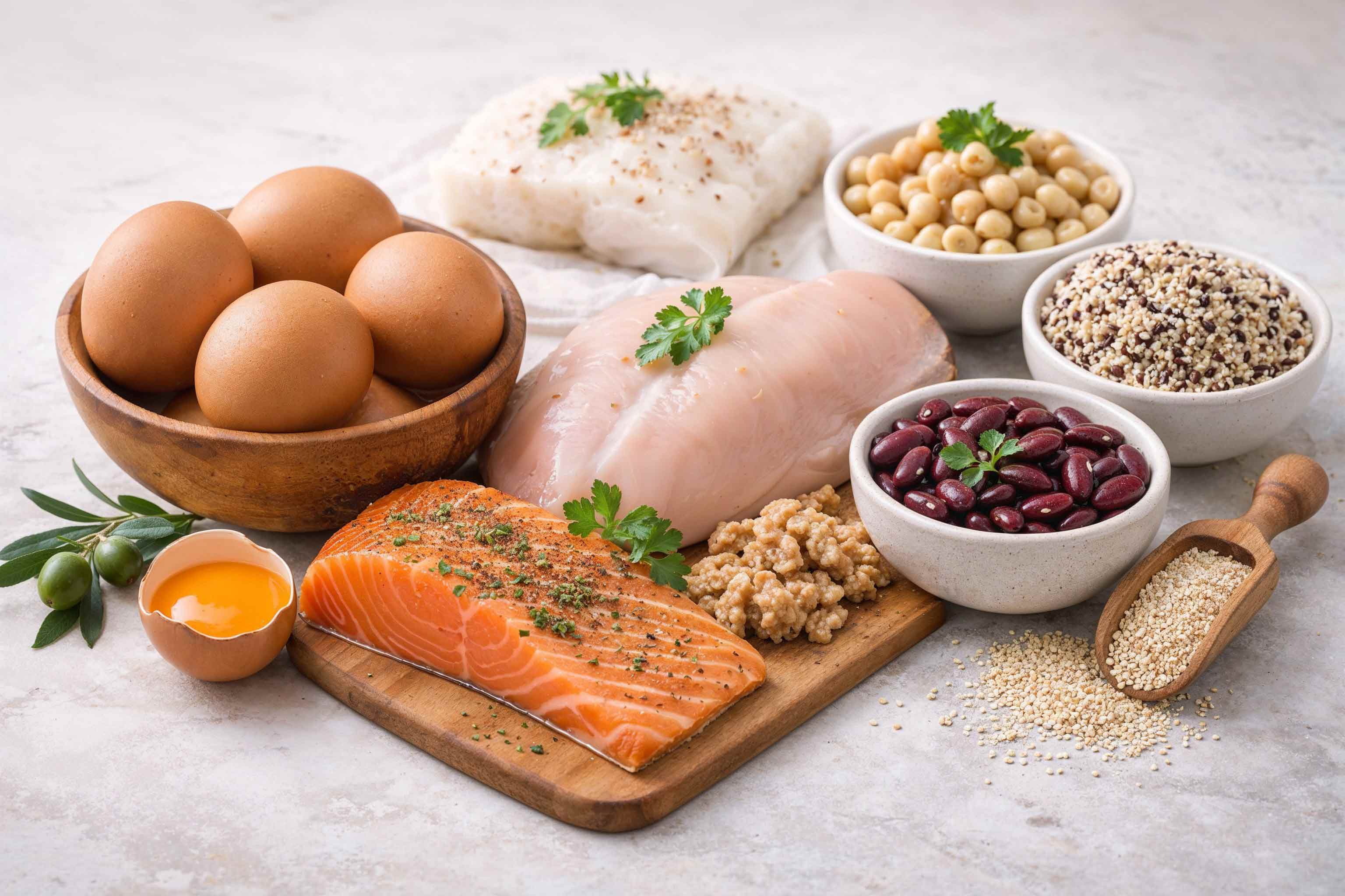 Yumurta, balık, tavuk göğsü, baklagiller ve bulgur