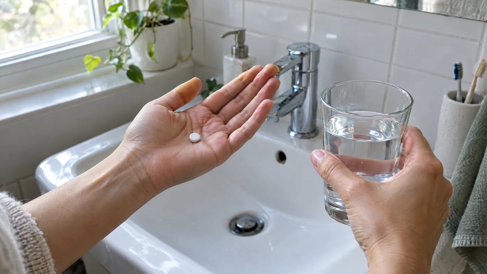 Lavabo önünde avucunda tek bir tablet, diğer elinde bir bardak su tutan kişi