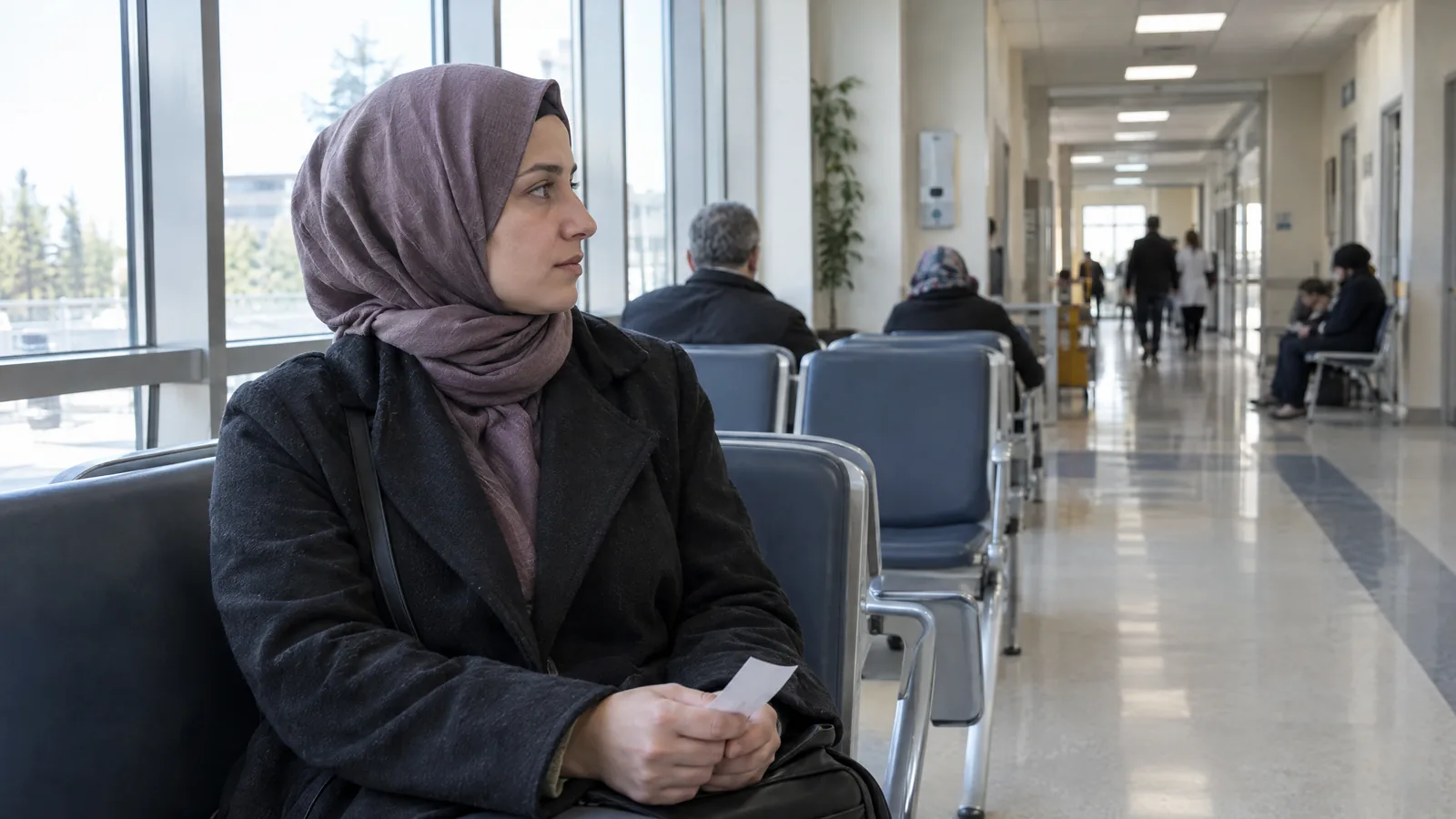 Hastane bekleme salonunda elinde sıra fişiyle oturan başörtülü kadın
