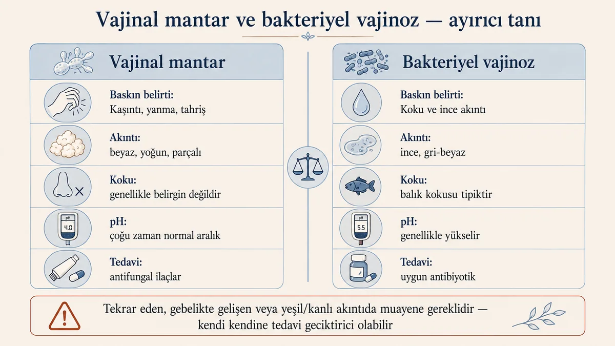 Vajinal mantar ve bakteriyel vajinoz ayırıcı tanı diyagramı: baskın belirti, akıntı, koku, pH ve tedavi farkları, balık kokusu ve antifungal vs antibiyotik karşılaştırması