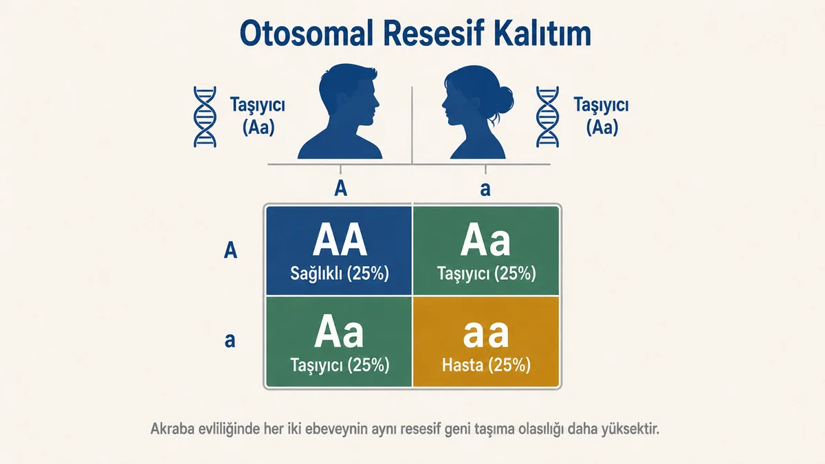 Otosomal resesif kalıtım Punnett karesi: iki taşıyıcı ebeveynden (Aa × Aa) gelen olası kombinasyonlar — %25 sağlıklı (AA), %50 taşıyıcı (Aa) ve %25 hasta (aa) — renk kodlu hücrelerle gösteriliyor.
