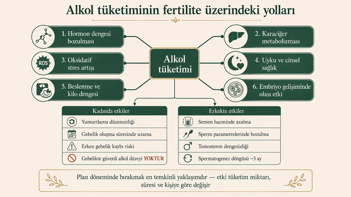 Alkol tüketiminin fertilite üzerindeki yolları diyagramı: hormon dengesi, karaciğer, oksidatif stres ve uyku üzerinden kadın ve erkek üreme sağlığı etkileri
