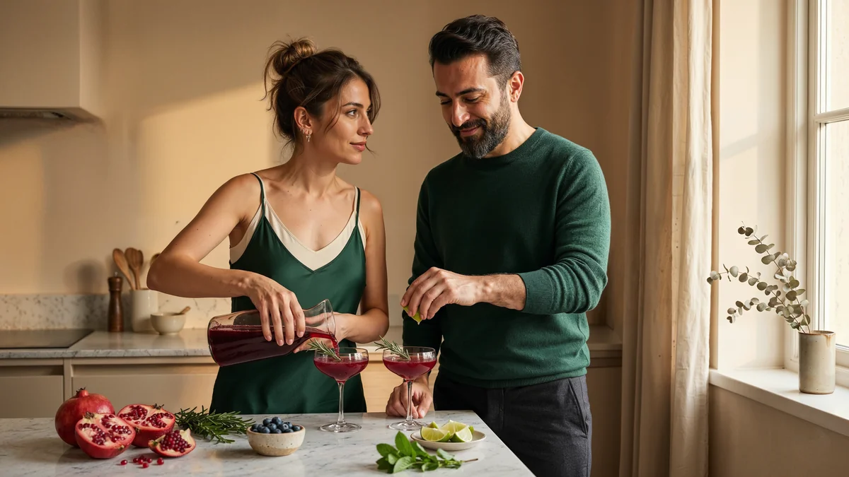 Emerald yeşili slip dress kadın ve forest green kazaklı erkek mutfakta nar-yaban mersini alkolsüz mocktail hazırlayarak paylaşılan yeni bir ritüeli kutluyor