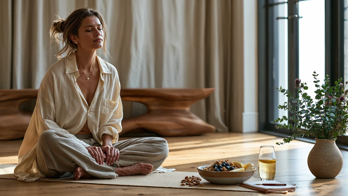 Aydınlık bir odada yoga matının üzerinde meditatif oturan kadın; yanında besleyici kase, sıcak su ve okaliptüs vazo — FHA'da enerji dengesinin restorasyonunu yansıtan sahne.
