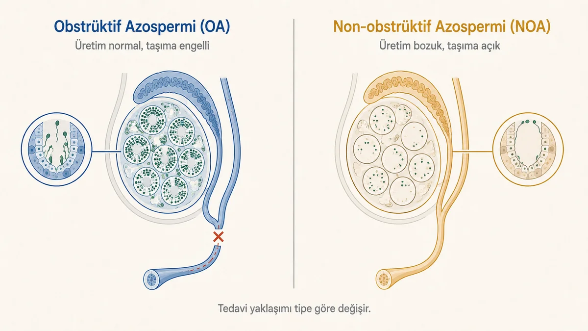 Obstrüktif azospermi ile non-obstrüktif azosperminin yan yana anatomik karşılaştırması: solda dolu seminifer tübüller ve tıkalı kanal, sağda seyrek tübüller ve açık kanal.