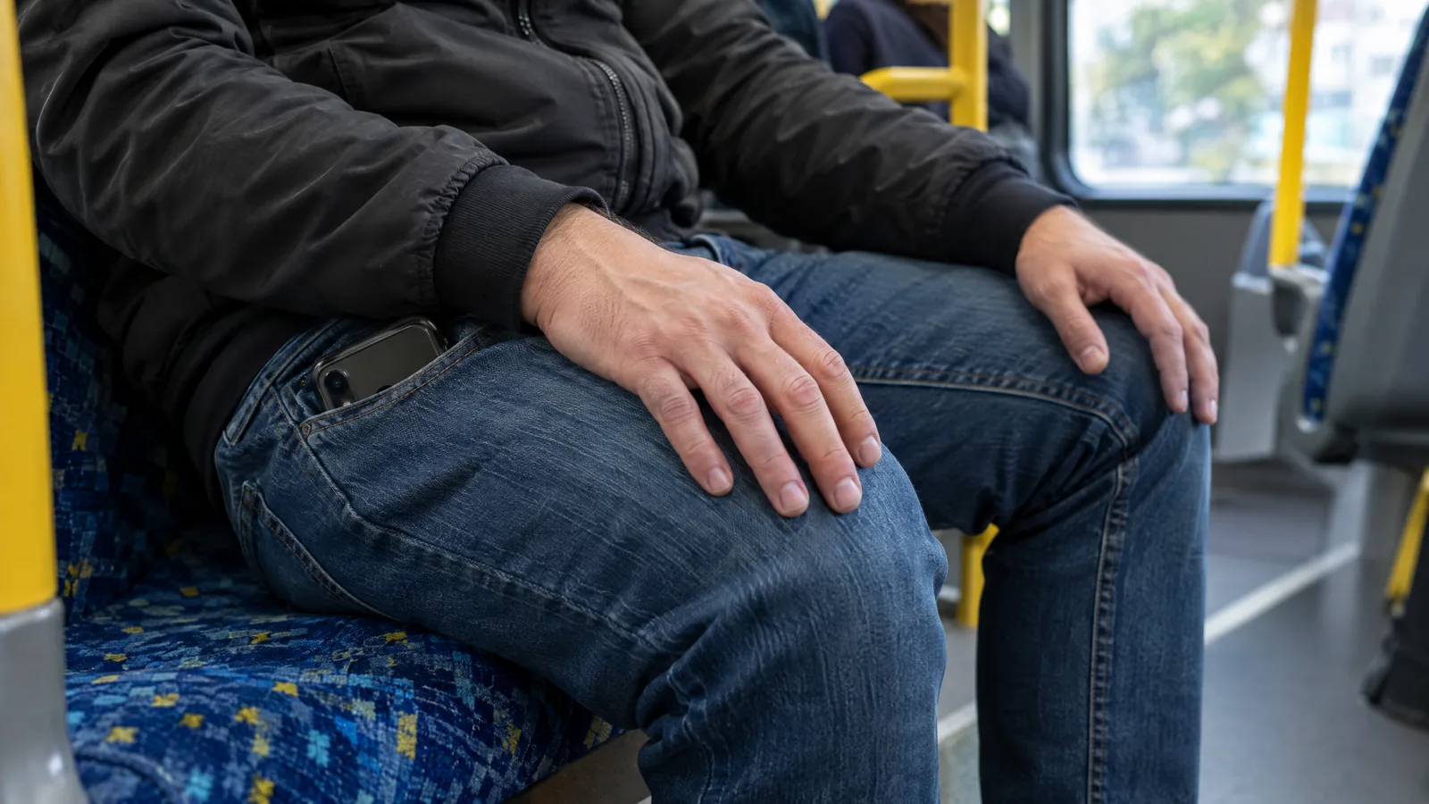 Otobüste oturan erkeğin kot pantolonunun ön cebinde duran cep telefonu