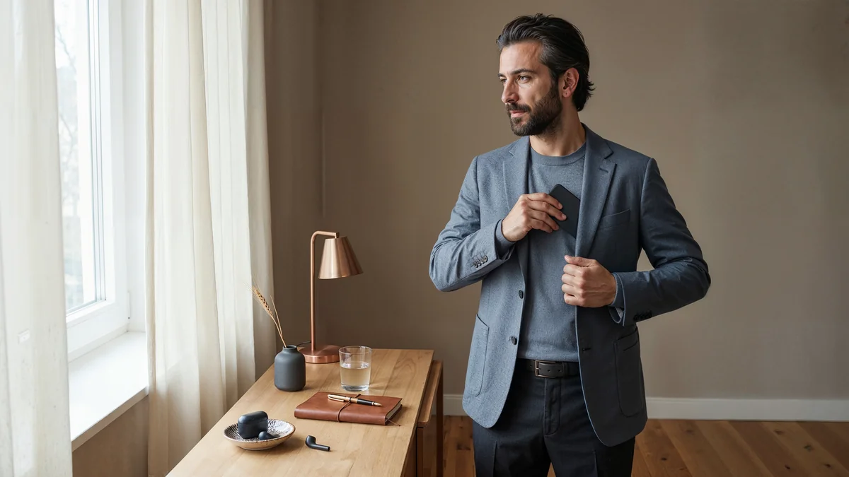 Steel-gray kazak ve slate blazer giyen erkek, telefonunu pantolon ön cebi yerine ceket göğüs cebine yerleştirerek bilinçli teknoloji alışkanlığını uyguluyor