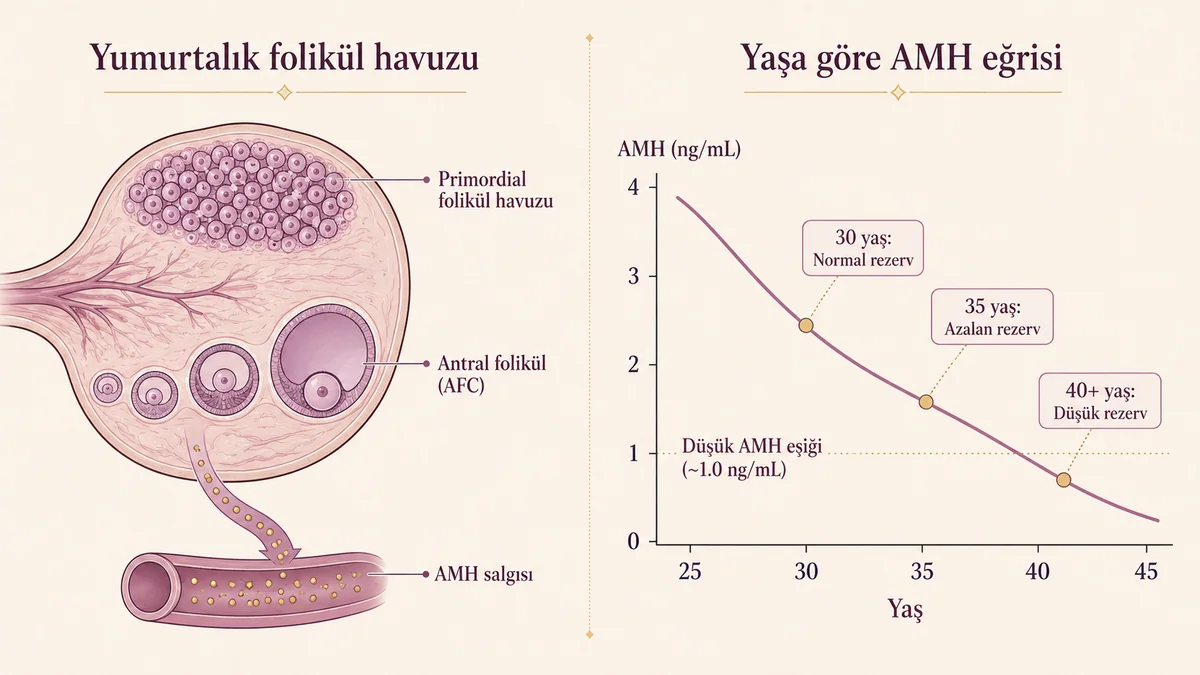 Yumurtalık folikül havuzu ve yaşa göre AMH eğrisi: primordial havuz, antral folikül, AMH salgısı ve yaşa bağlı rezerv değişimi