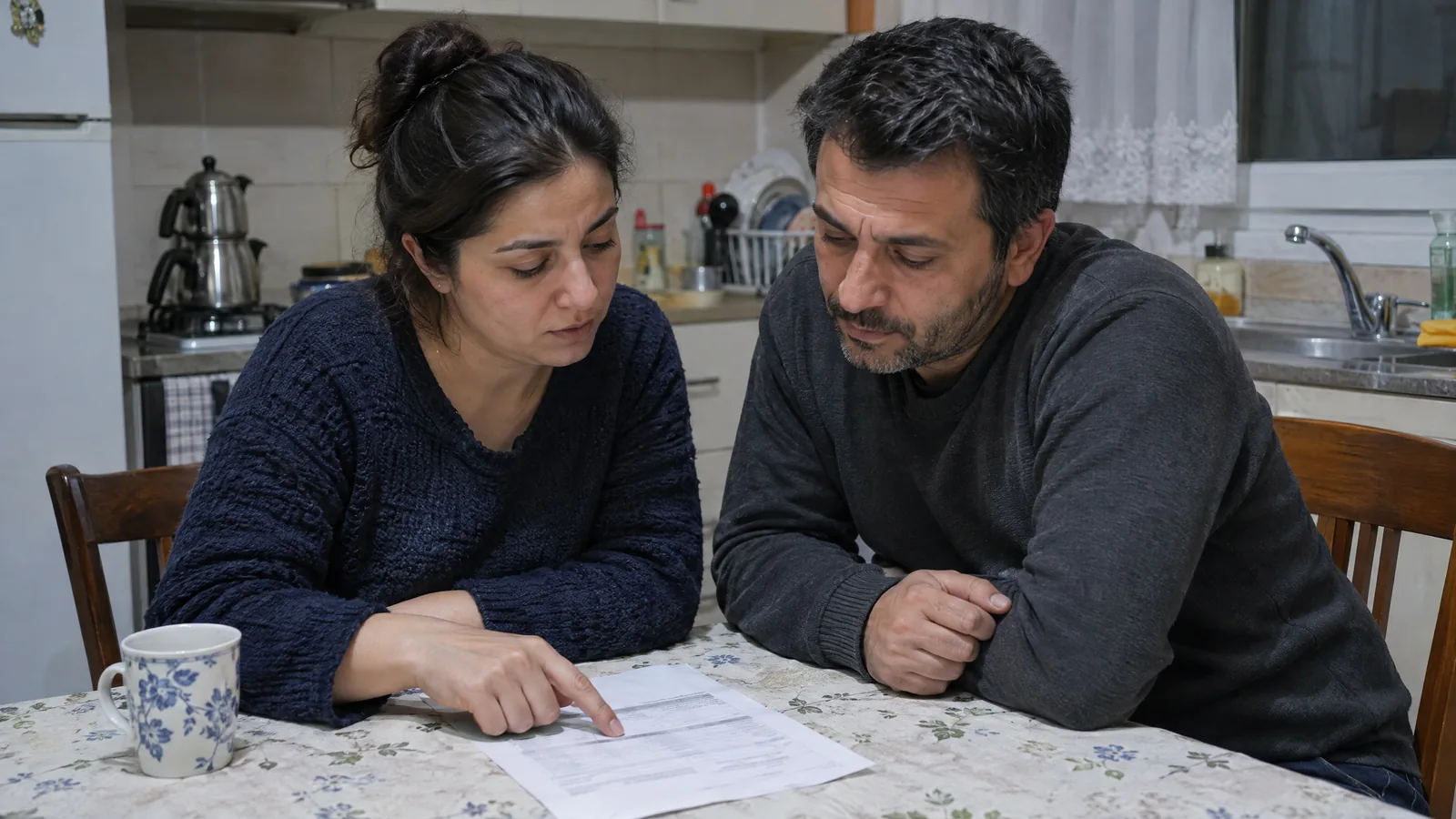 Mutfak masasında bir tahlil çıktısına birlikte bakan kırklı yaşlarda çift