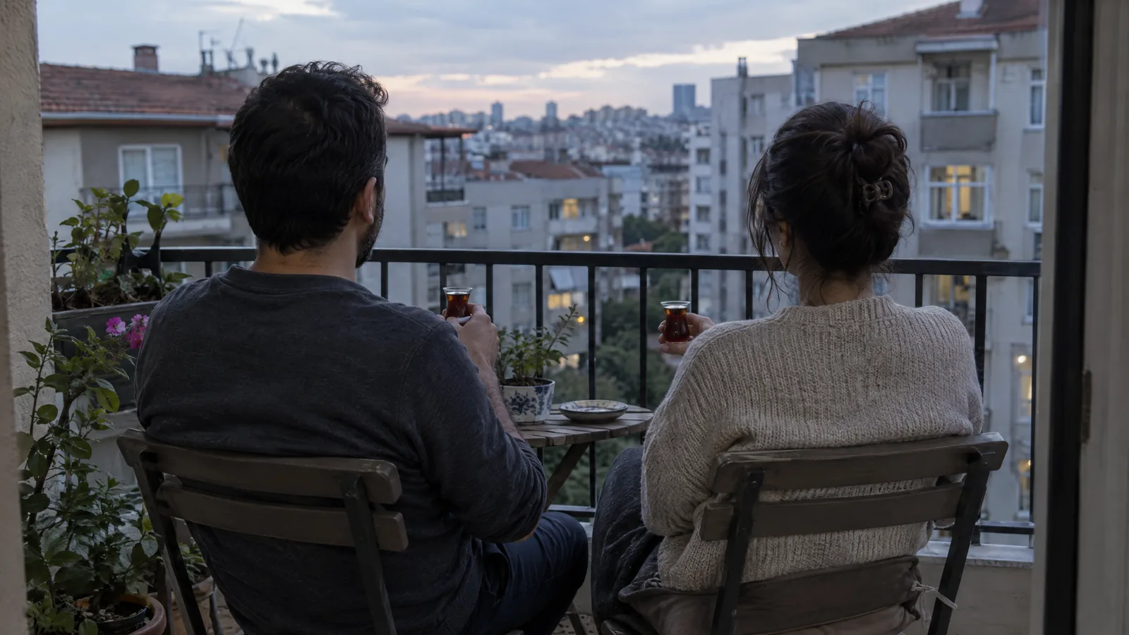 Akşamüstü balkonda yan yana oturup çay içen çift, arkadan görünüm