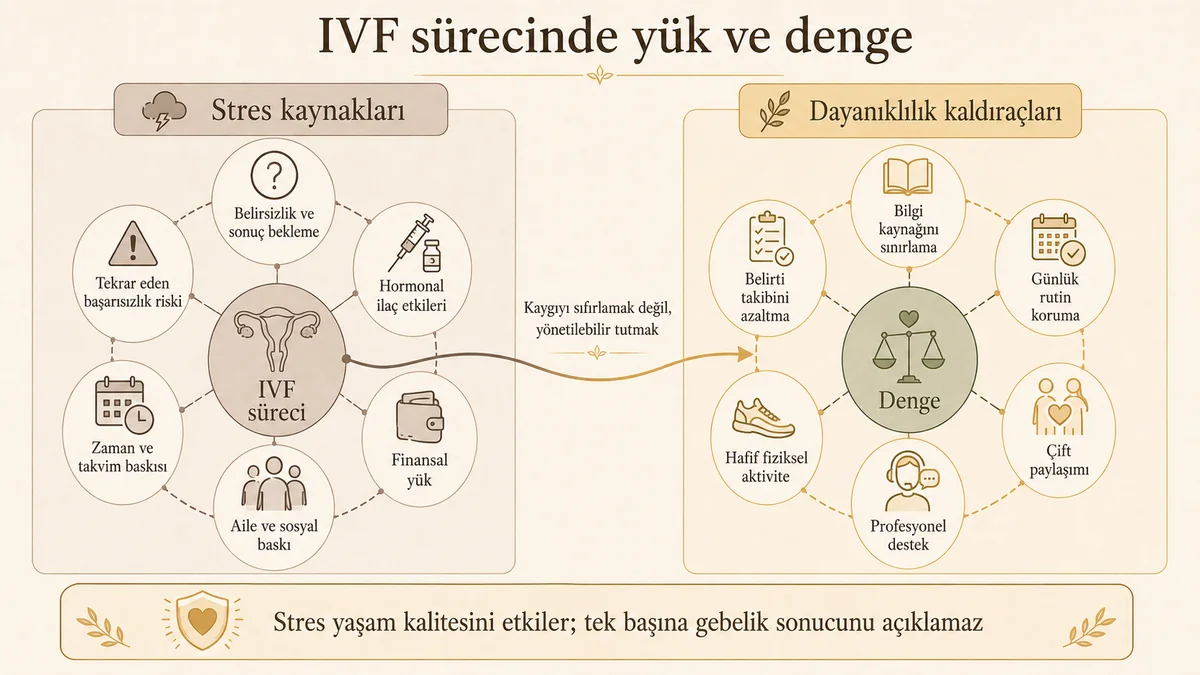 IVF sürecinde stres kaynakları ve dayanıklılık kaldıraçları haritası: belirsizlik, hormonal etkiler, finansal yük karşısında bilgi sınırı, rutin, profesyonel destek