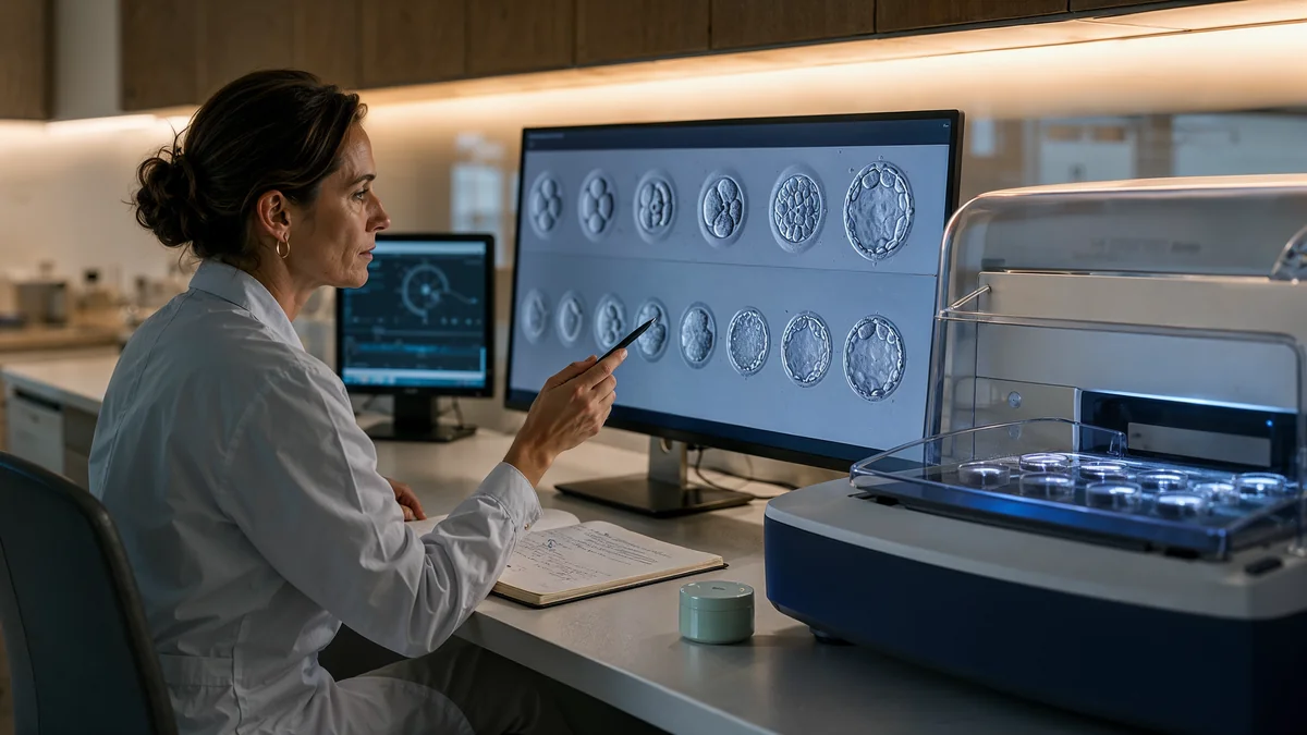 IVF laboratuvarında embriyolog, time-lapse inkübatöründen alınan blastosist gelişim sekansını monitörde inceliyor; yanında AI değerlendirme ekranı ve modern embryoscope cihazı.
