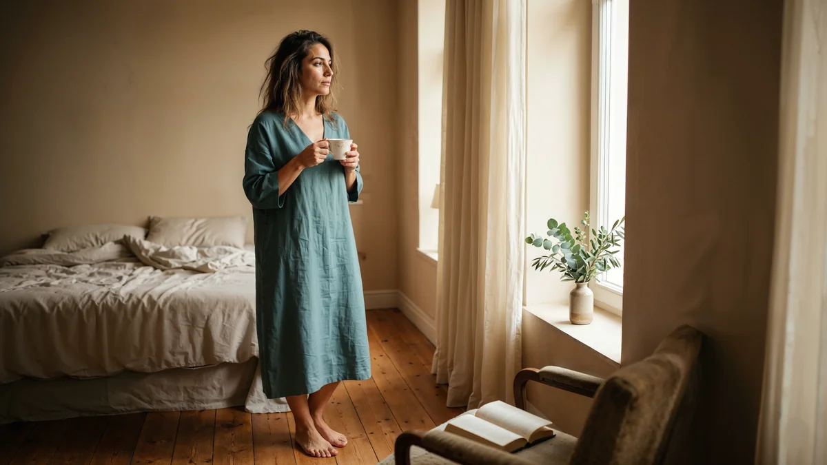 Teal linen elbiseli kadın hasta sakin bir yatak odasında pencere kenarında çay içerek freeze-all siklusunun bekleme dönemini geçiriyor