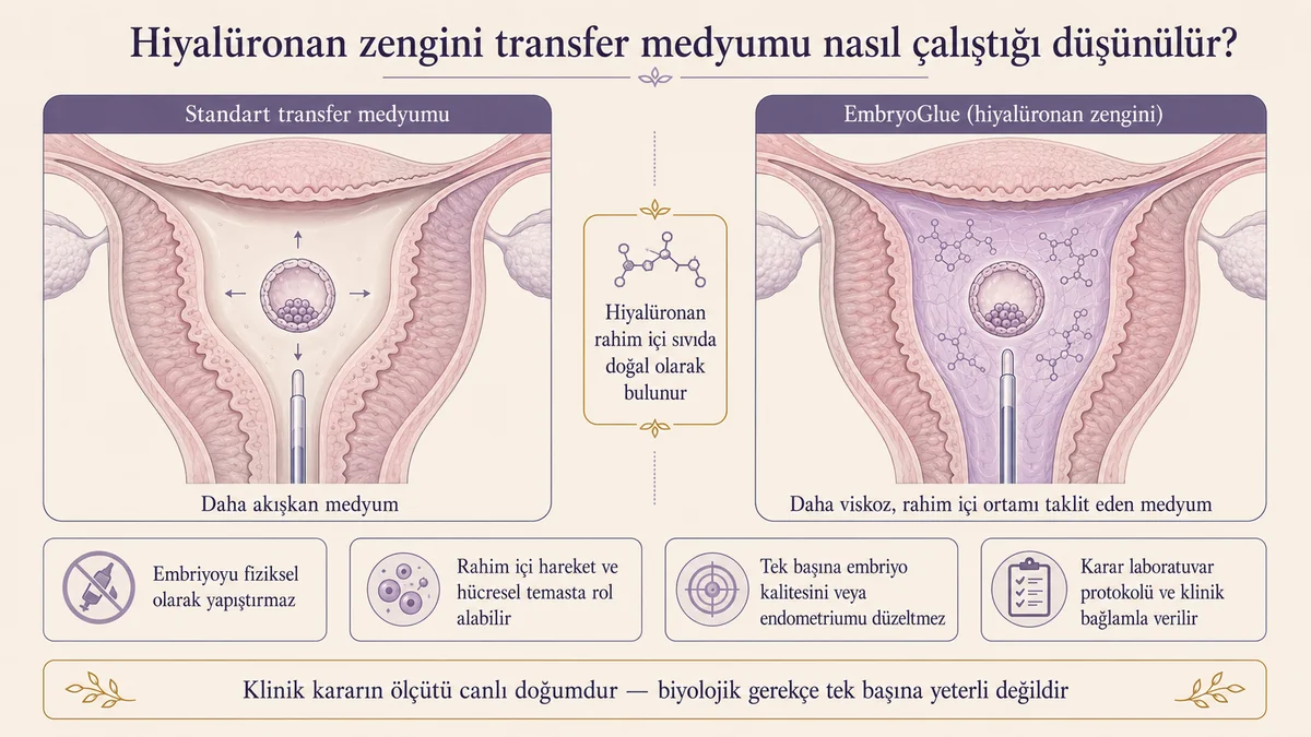 Standart transfer medyumu ve hiyalüronan zengini EmbryoGlue karşılaştırması: rahim içi ortamı taklit eden viskoz medyum, embriyo fiziksel olarak yapıştırılmaz