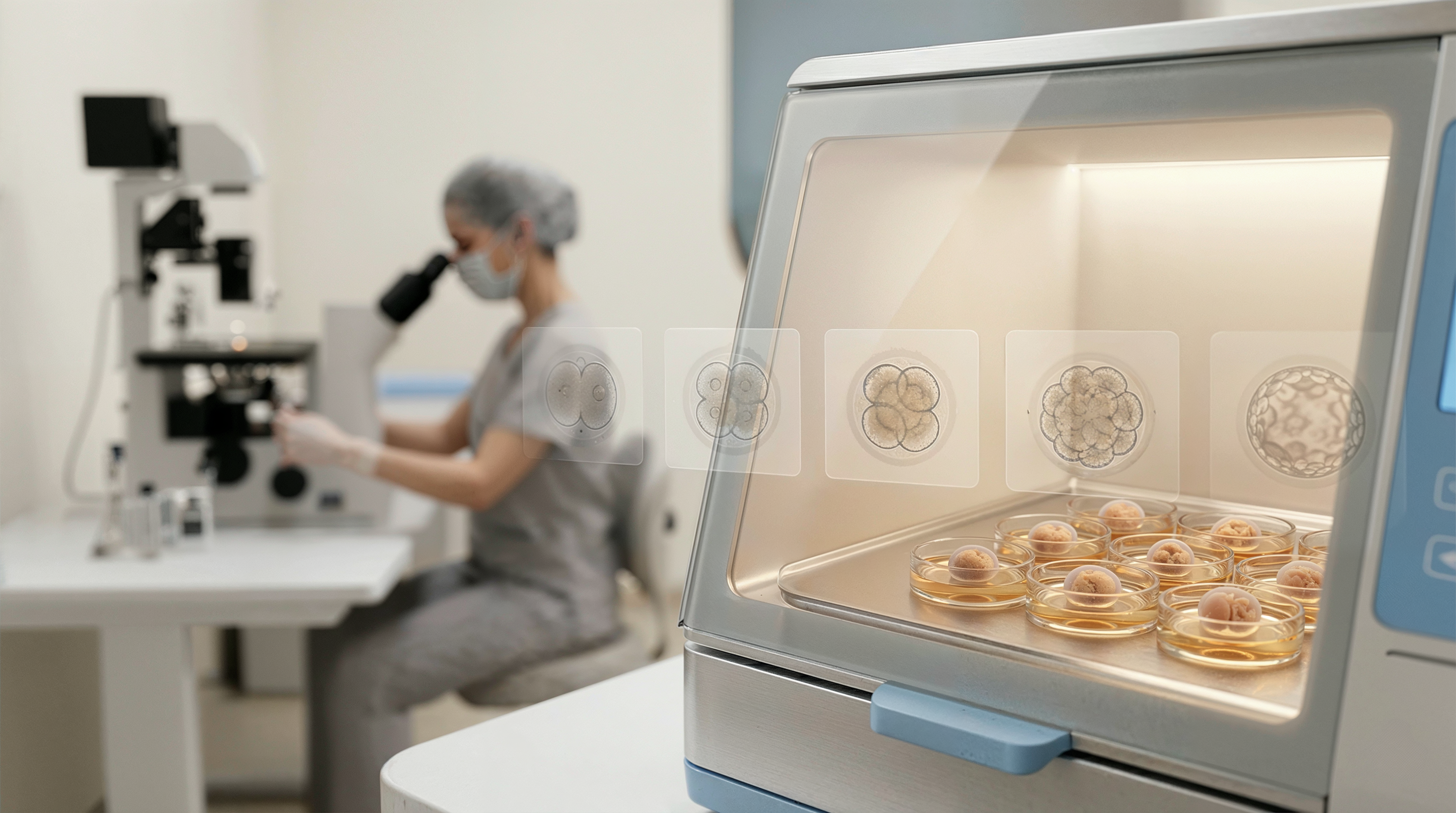 EmbryoScope ve yapay zekâ destekli embriyo seçimini temsil eden medikal kapak görseli