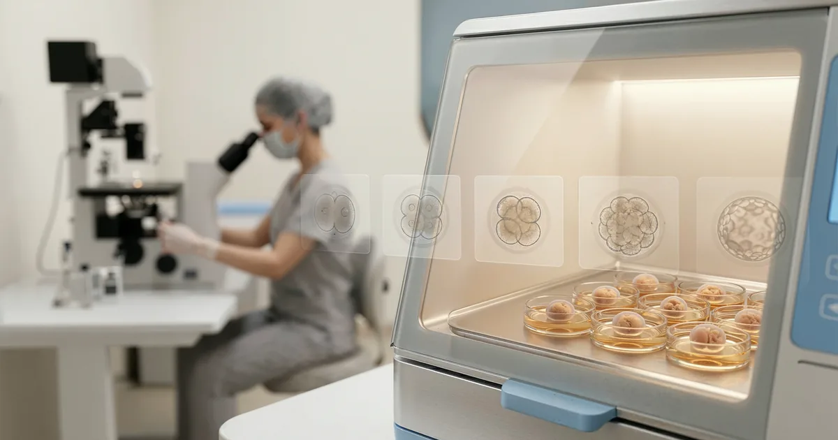 EmbryoScope ve yapay zekâ destekli embriyo seçimini temsil eden medikal kapak görseli