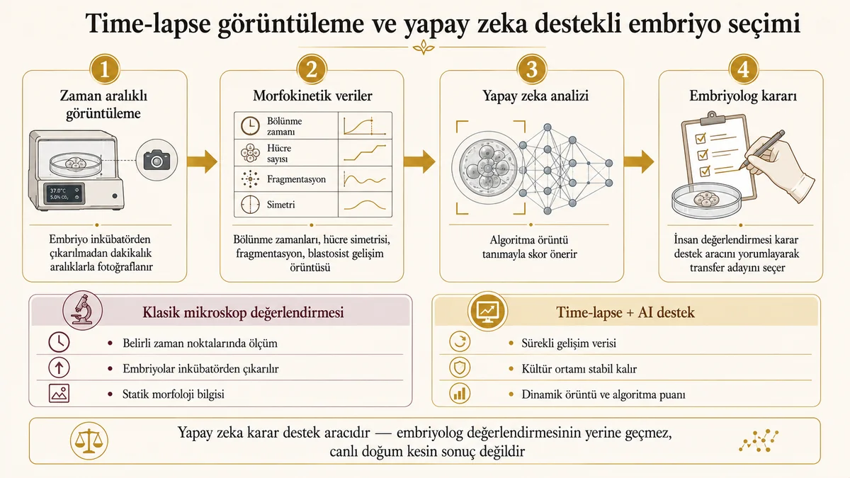 Time-lapse görüntüleme ve yapay zeka destekli embriyo seçimi 4 aşama akışı: zaman aralıklı görüntüleme, morfokinetik veriler, yapay zeka analizi, embriyolog kararı