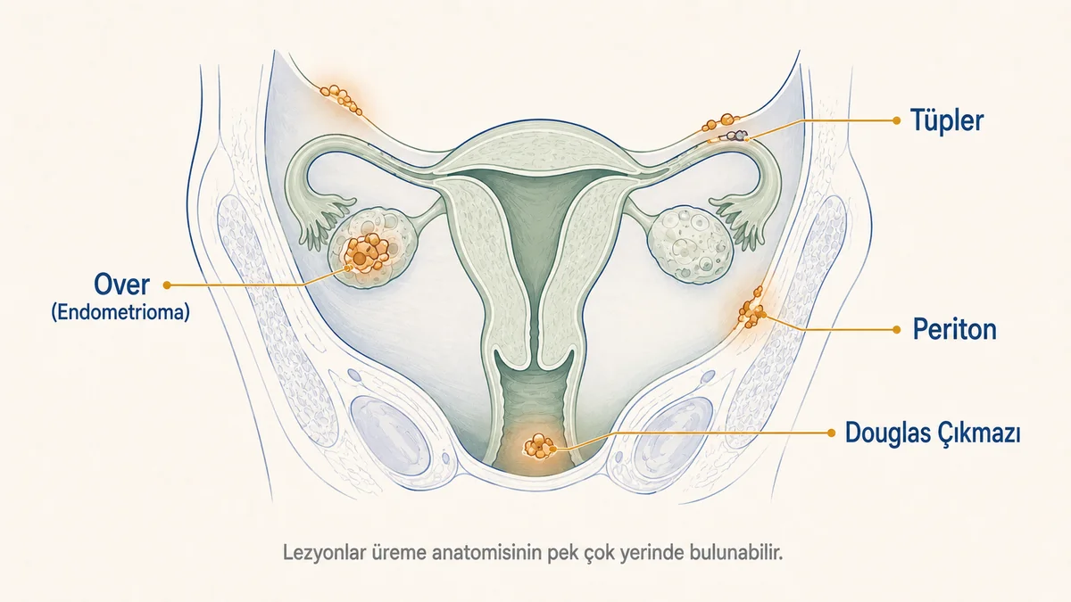 Pelvik anatomi kesit görüntüsü: rahim, overler ve tüplerde endometriotik lezyonların dağılımı — overde endometrioma, tüpler, periton ve Douglas çıkmazı bölgeleri etiketli.