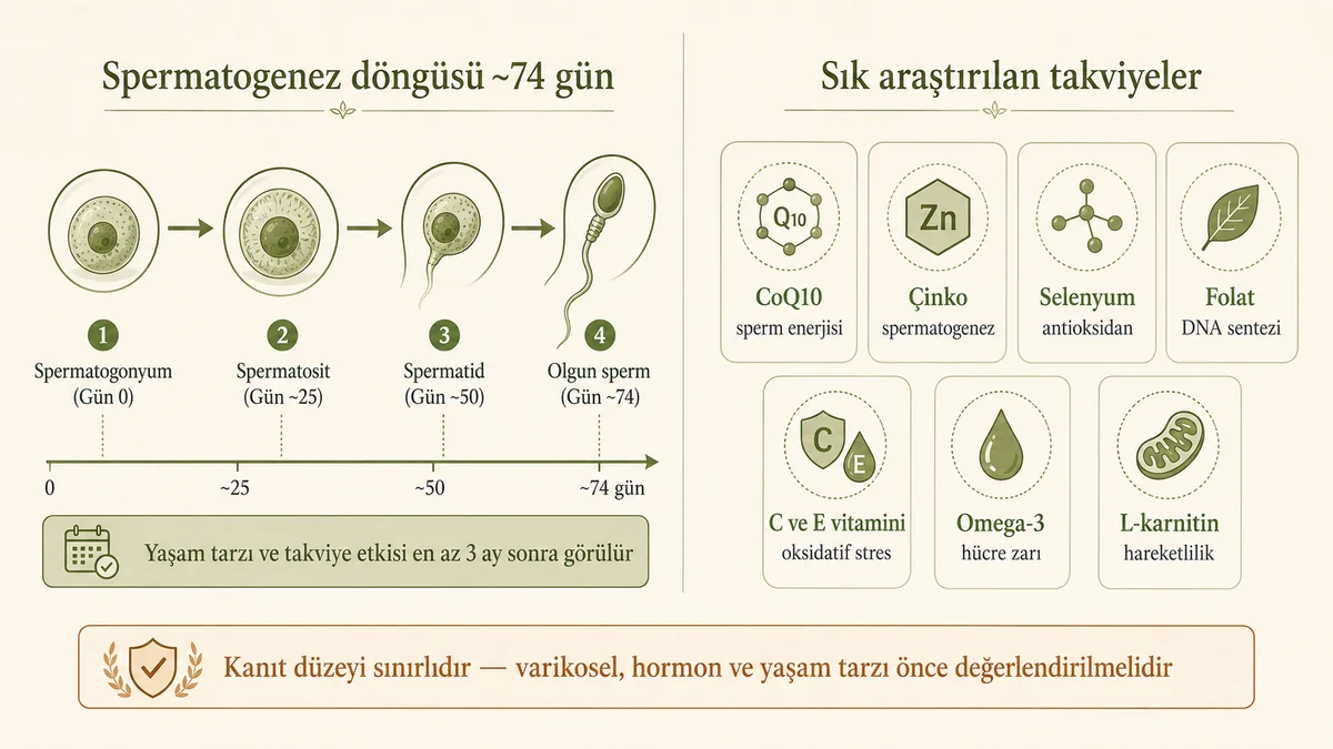 Spermatogenez 74 günlük döngüsü ve sık araştırılan takviyeler haritası: CoQ10, çinko, selenyum, folat, C ve E vitamini, omega-3, L-karnitin Türkçe etiketli