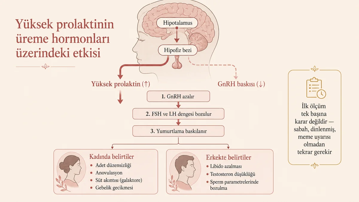 Yüksek prolaktinin hipotalamus-hipofiz-yumurtalık aksı üzerindeki etkisi: GnRH baskısı, FSH/LH dengesizliği, yumurtlama baskısı ve kadın/erkek belirtileri