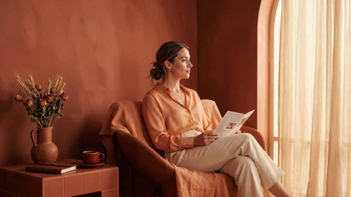 Terracotta duvarlı sıcak tonlu bir oturma alanında kayısı silk gömlek giyen kadın, elinde basılı hazırlık broşürüyle koltukta oturup pencereden dışarı bakıyor; ofis histeroskopisi öncesi sakin hazırlık atmosferi.