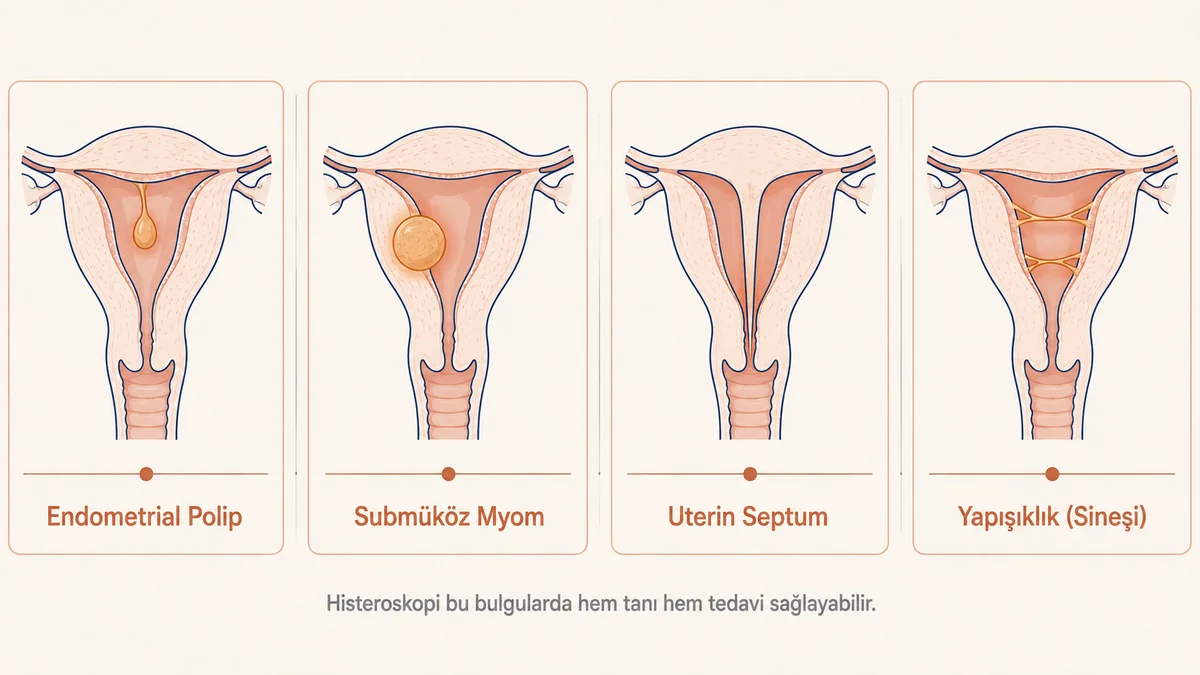 Histeroskopi ile saptanabilen dört intrauterin bulgu: endometrial polip, submüköz myom, uterin septum ve intrauterin yapışıklık (sineşi) — her biri ayrı rahim kesit görselinde gösteriliyor.
