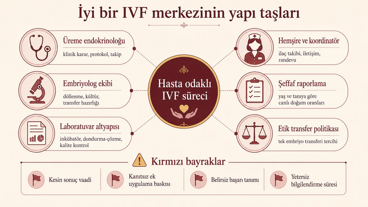 İyi bir IVF merkezinin yapı taşları: üreme endokrinoloğu, embriyolog, laboratuvar, hemşire, şeffaf raporlama, etik transfer politikası ve kırmızı bayraklar haritası