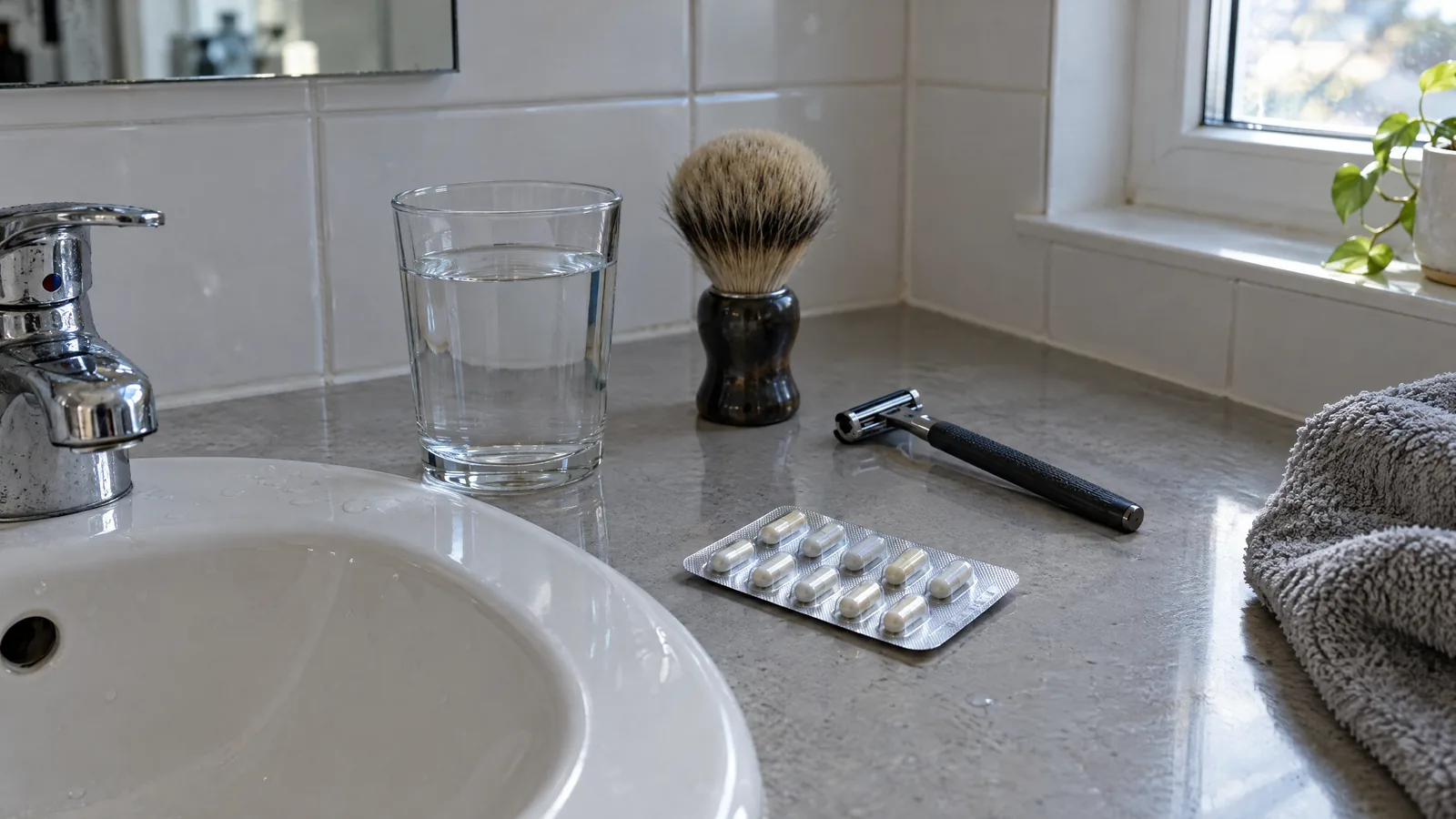 Banyo tezgâhında kapsül blisteri, bir bardak su, tıraş fırçası ve tıraş bıçağı
