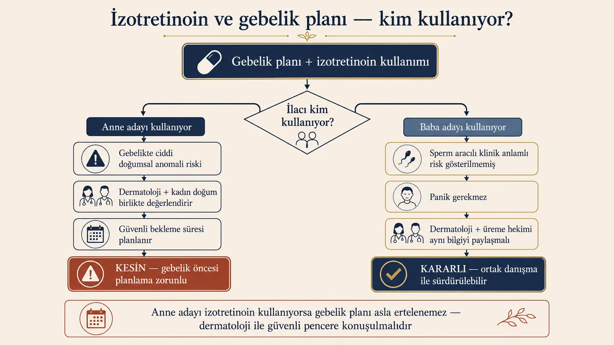 İzotretinoin ve gebelik planı karar akışı: anne adayı kullanımında KESİN gebelik öncesi planlama zorunlu, baba adayı kullanımında KARARLI ortak danışma ile sürdürülebilir