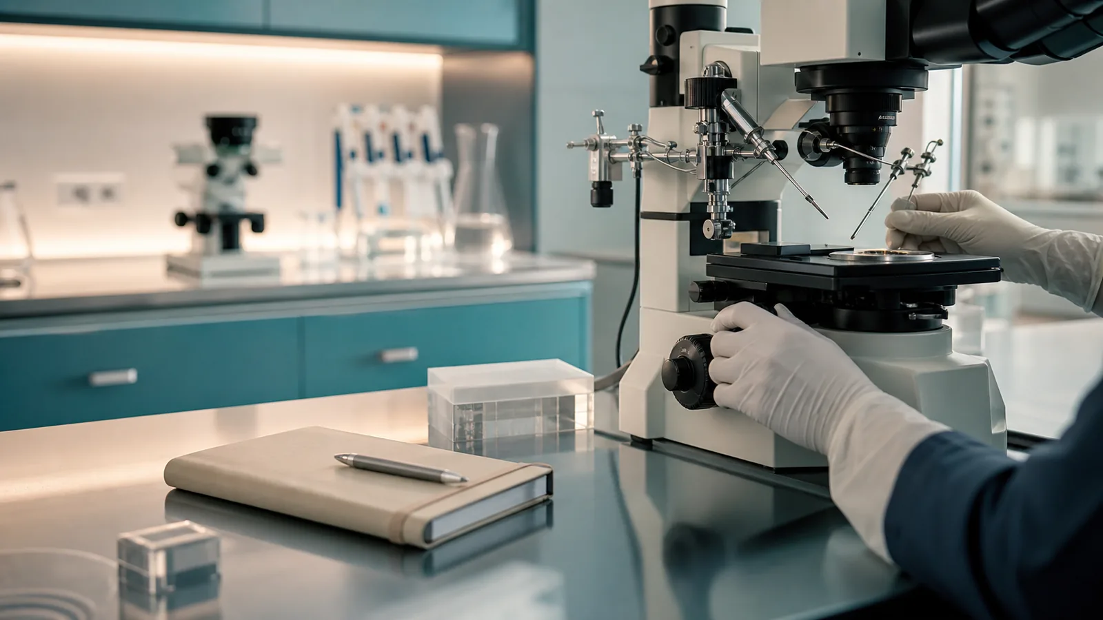 Mikroenjeksiyon ICSI için embriyoloji laboratuvarında mikroskop ve hassas çalışma alanı