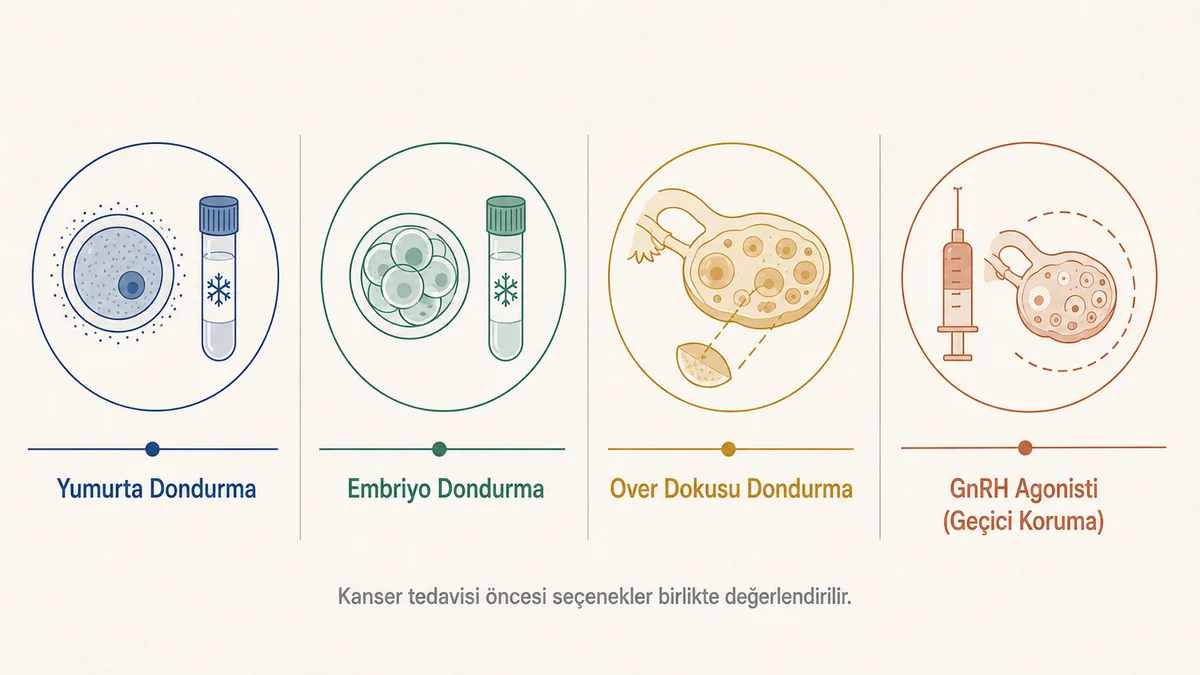 Kadınlar için dört fertilite koruma seçeneğinin yan yana panel görselleştirmesi: Yumurta Dondurma, Embriyo Dondurma, Over Dokusu Dondurma ve GnRH Agonisti — her biri farklı anatomik ikon ve renkte.