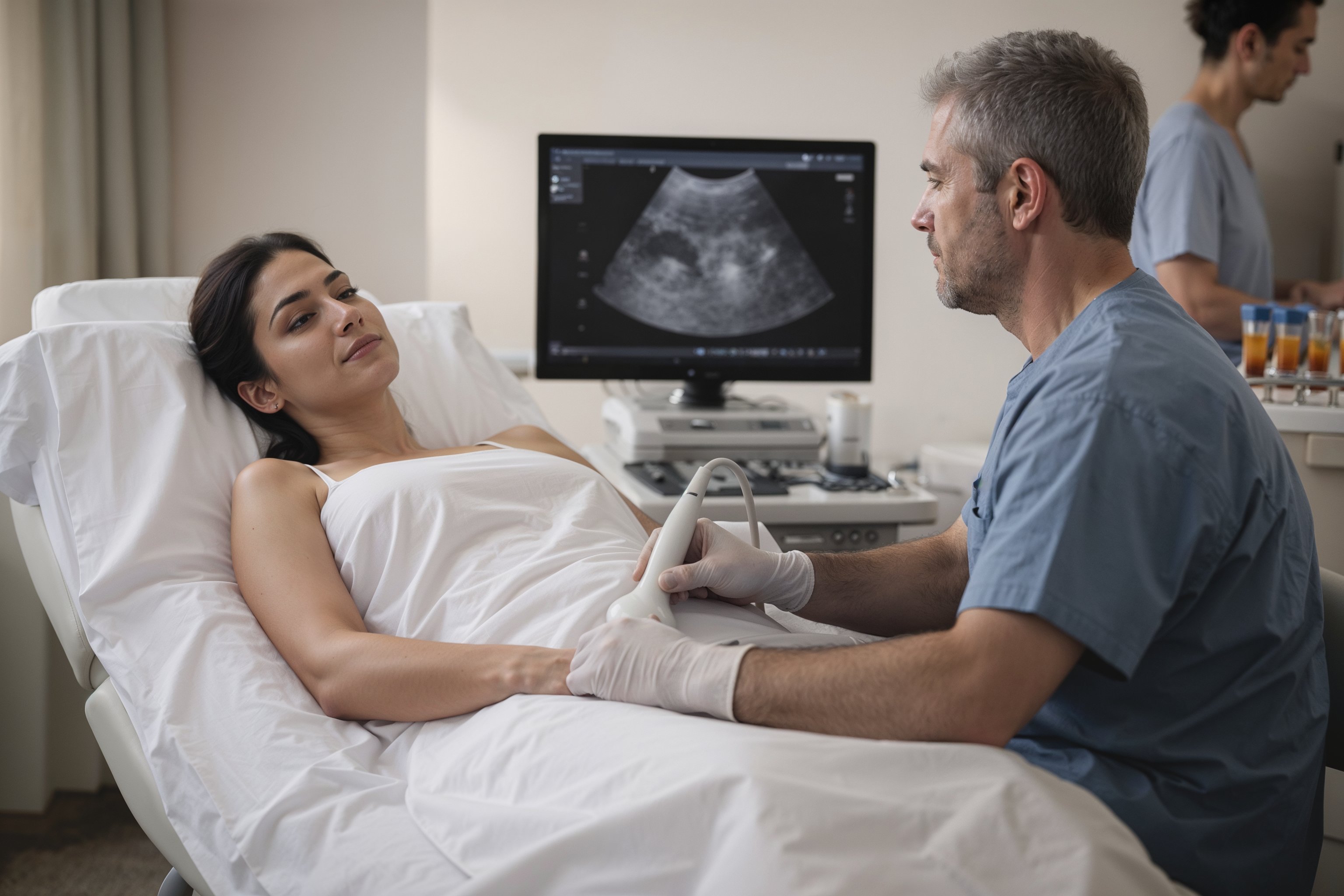 Kadın hastada over değerlendirmesi için yapılan ultrason muayenesini gösteren klinik görsel