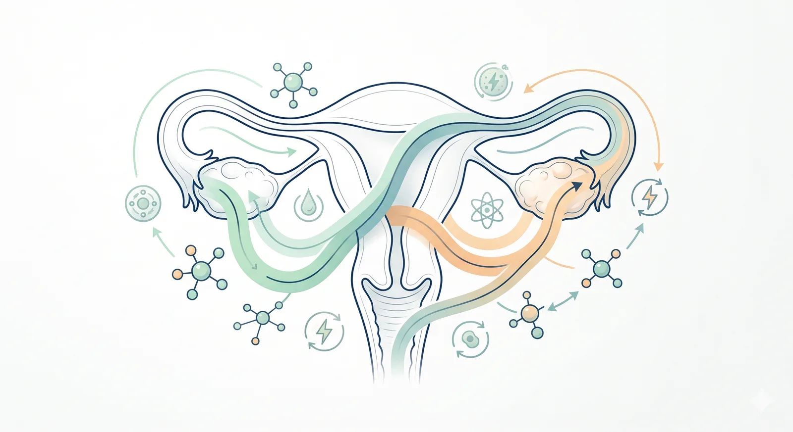 PCOS ve PMOS isim değişikliğini anlatan rahim, hormon ve metabolizma illüstrasyonu