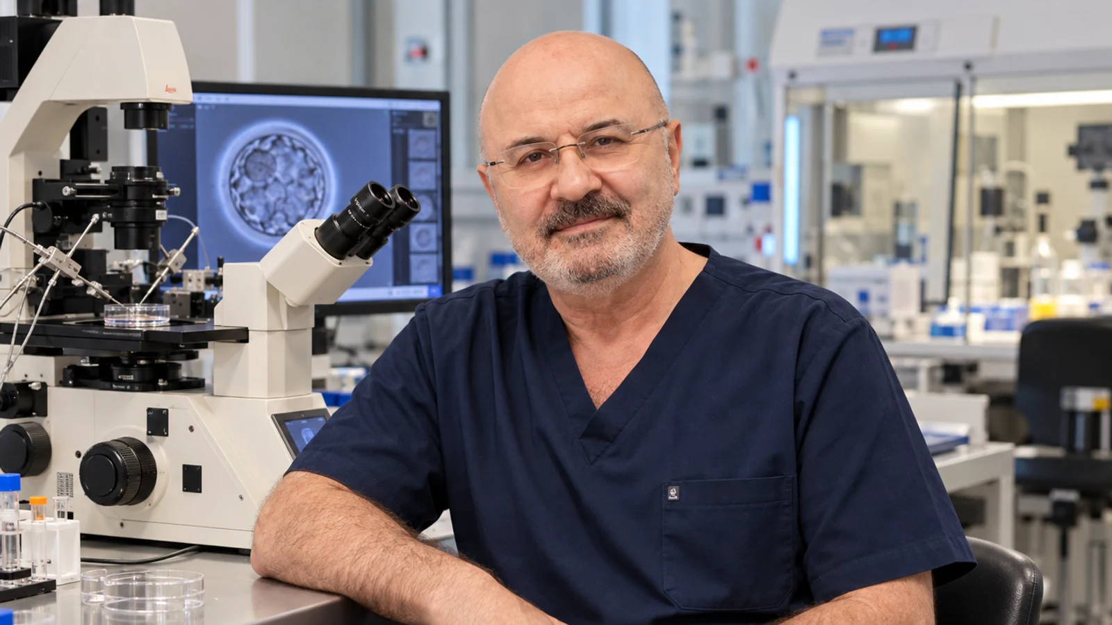 Embriyoloji laboratuvarında mikroskobun yanında oturan Doç. Dr. Senai Aksoy'u gösteren temsili görsel