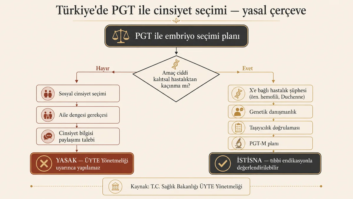 Türkiye'de PGT ile cinsiyet seçimi yasal çerçeve akış diyagramı: sosyal cinsiyet seçimi YASAK, X'e bağlı kalıtsal hastalık şüphesinde PGT-M ile tıbbi istisna değerlendirilebilir