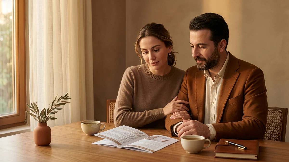 Warm taupe kazaklı kadın ve cognac blazerlı erkek bir çift, açık bir IVF bilgilendirme broşürü üzerinden tedavi öncesi başlangıç değerlendirmesini birlikte konuşuyor