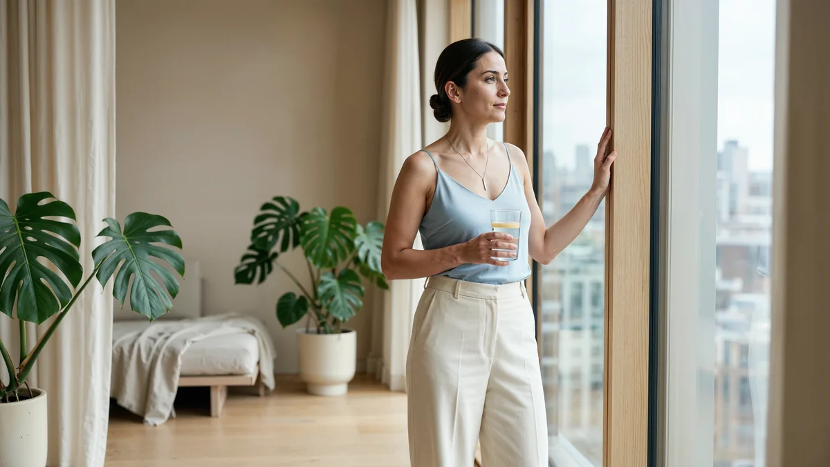 Ice-blue silk bluzlu kadın modern bir apartmanın geniş penceresinde solo bir kararlılık anında, gelecekteki seçeneklere alan açma kararını sakince taşıyor