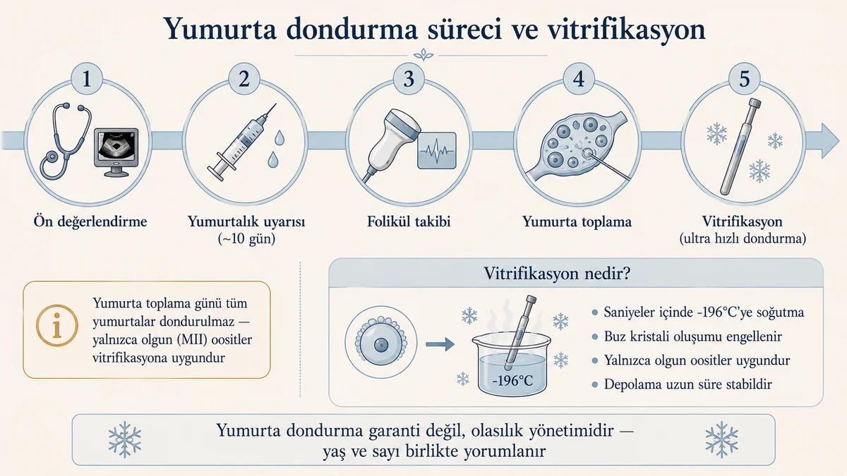 Yumurta dondurma süreci ve vitrifikasyon diyagramı: 5 aşamalı timeline, ultra hızlı -196°C soğutma, olgun MII oositler ve uzun süre stabil depolama