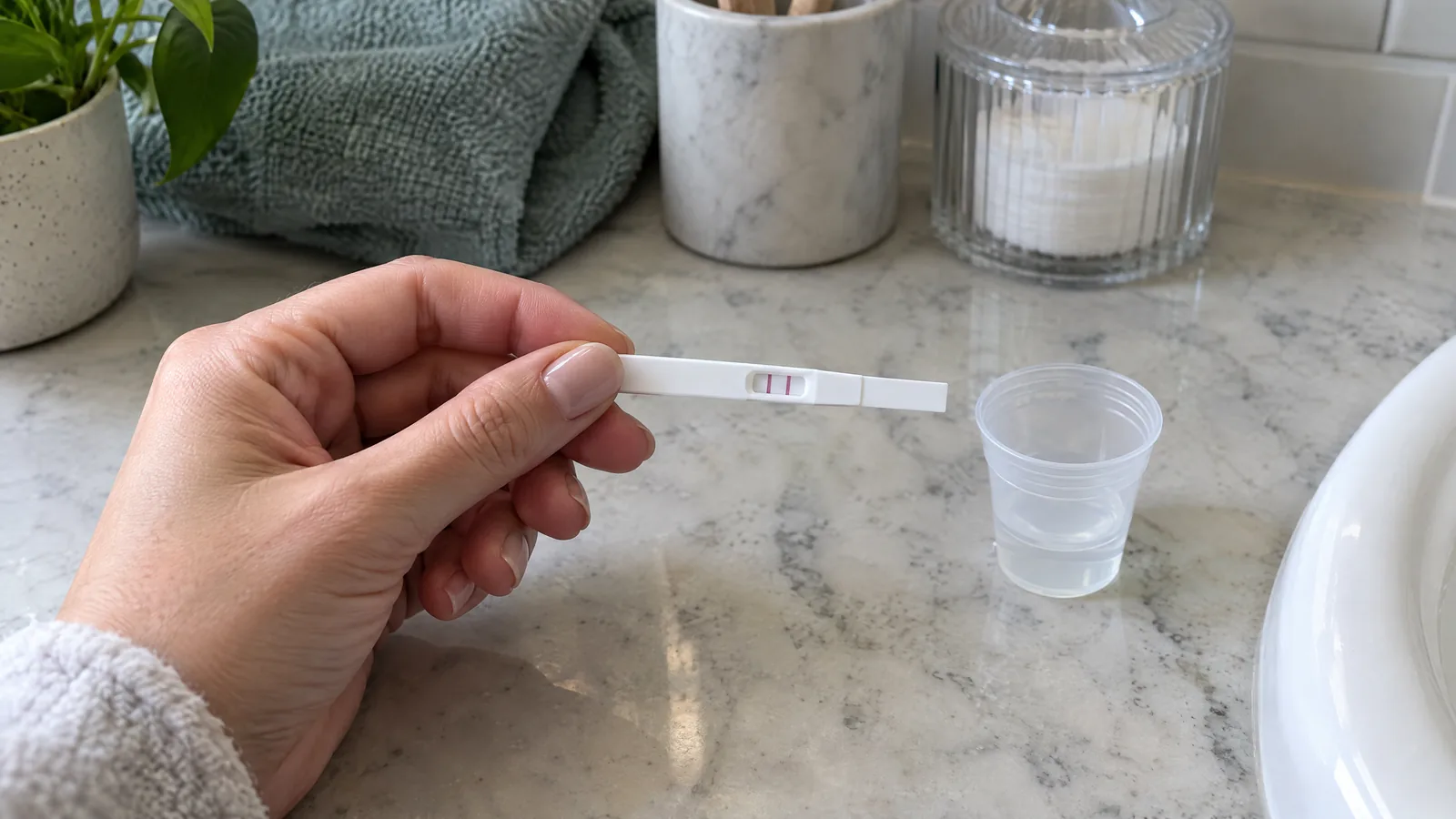 Banyo tezgâhında iki çizgili yumurtlama testi çubuğunu tutan el; yanında küçük plastik kap